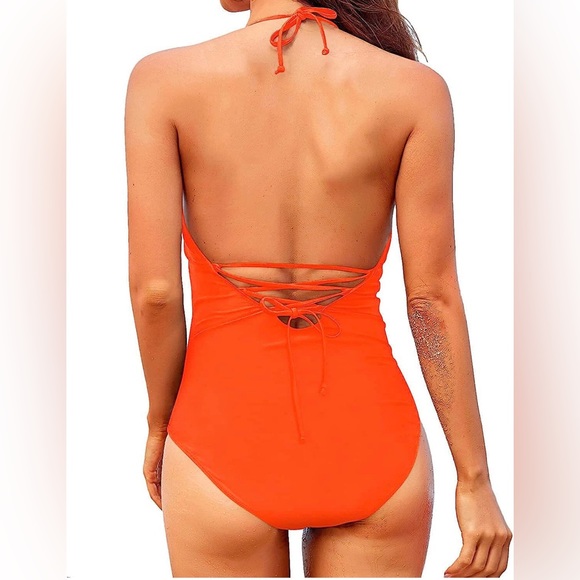 Holipick Women's Medium One Piece Swimsuit Bathing Suit Halter Swimwear Orange - Picture 2 of 4